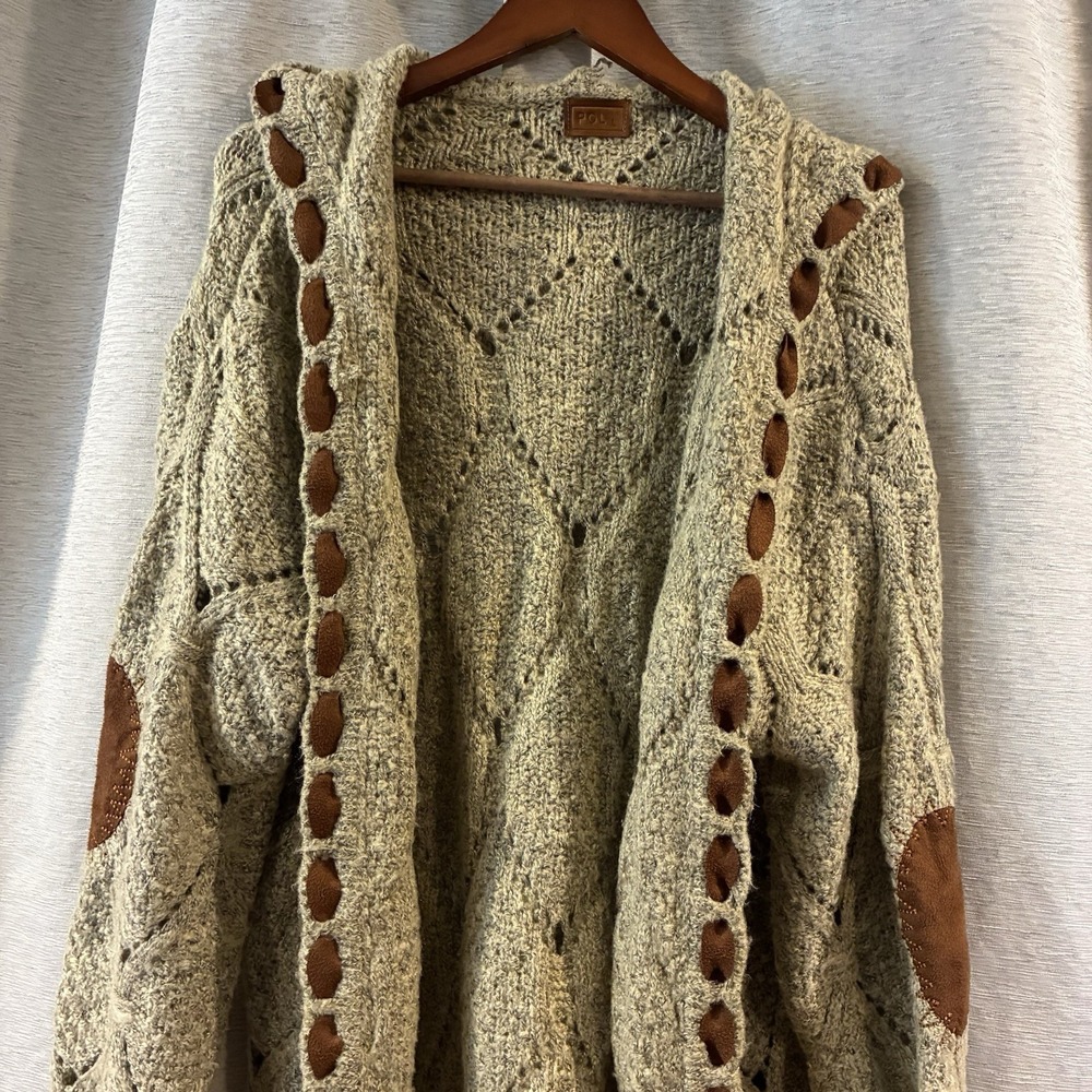 POL Cardigan Womens Large Chunky Knit Hooded Elbow Patch Oversized Boho Cottage - Picture 2 of 5